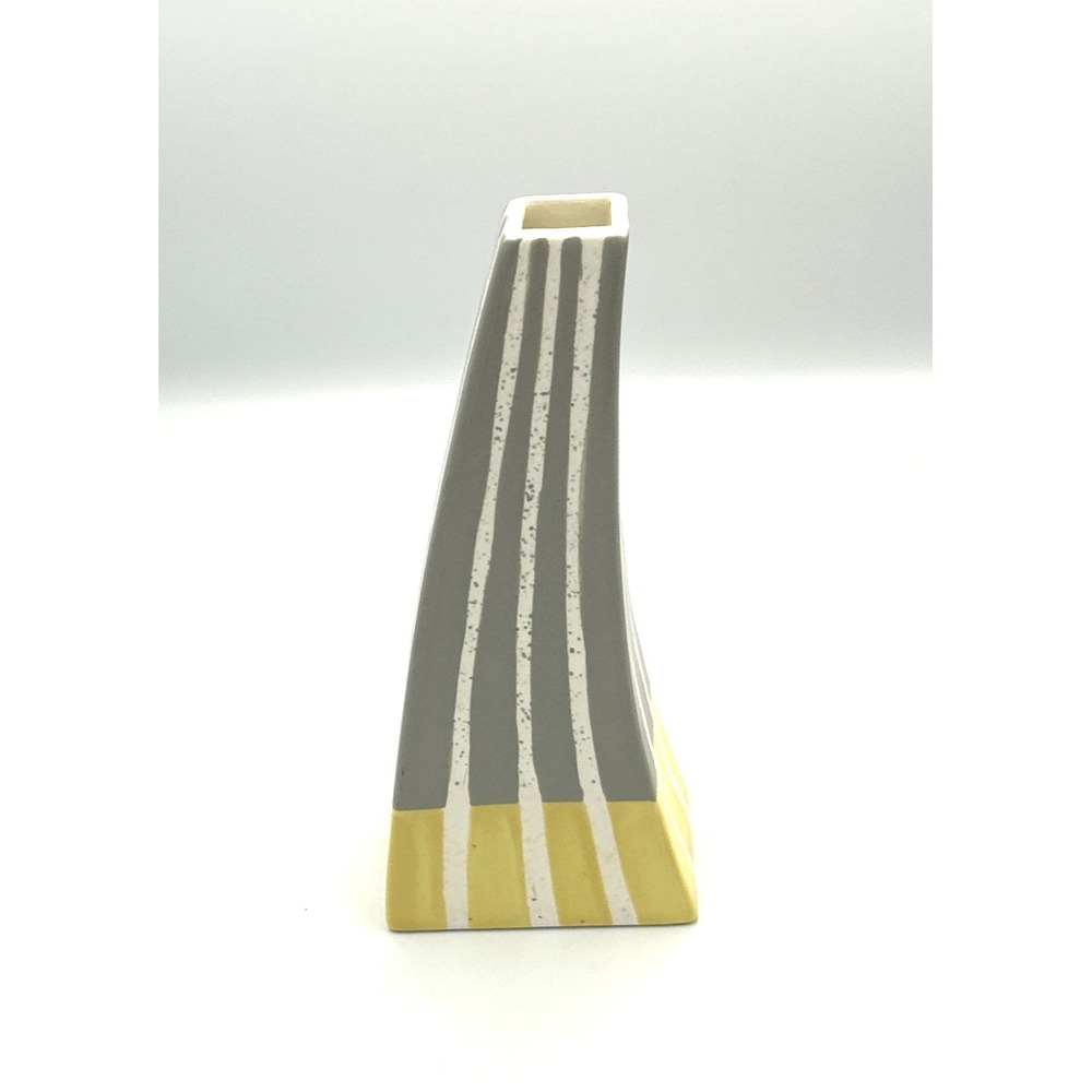 Ceramic Vase Abstract‎ Striped Yellow White & Gray Made in Vietnam #18431 Modern